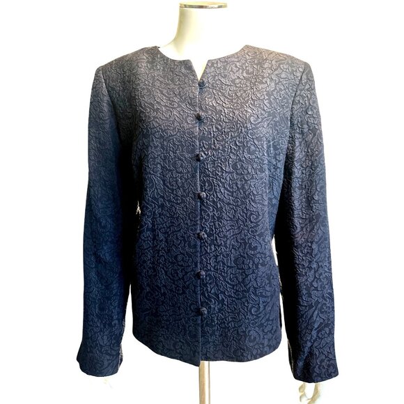 Talbots Size 10 Navy Pure Silk Jacket Textured Brocade Evening City Chic Luxury - Picture 2 of 13